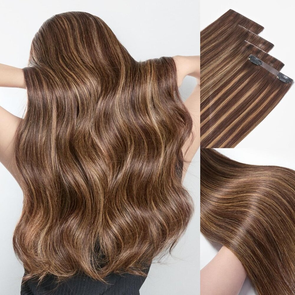 Human Hair Extensions Clip Ins 14 Inch Natural Brown Highlights Seamless